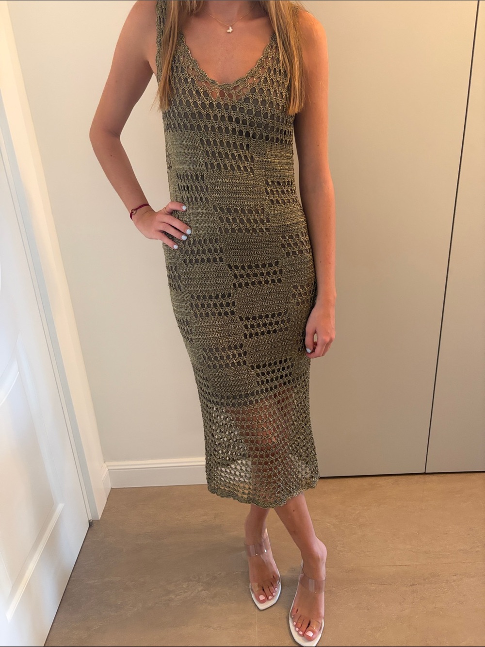 Alice and Olivia Sleeveless Olive Green Crochet Midi Dress